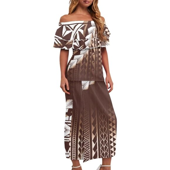 Polynesian Puletasi 2pc Dress Set Women's Ruffle Off Shoulder Maxi Casual - Picture 2 of 6